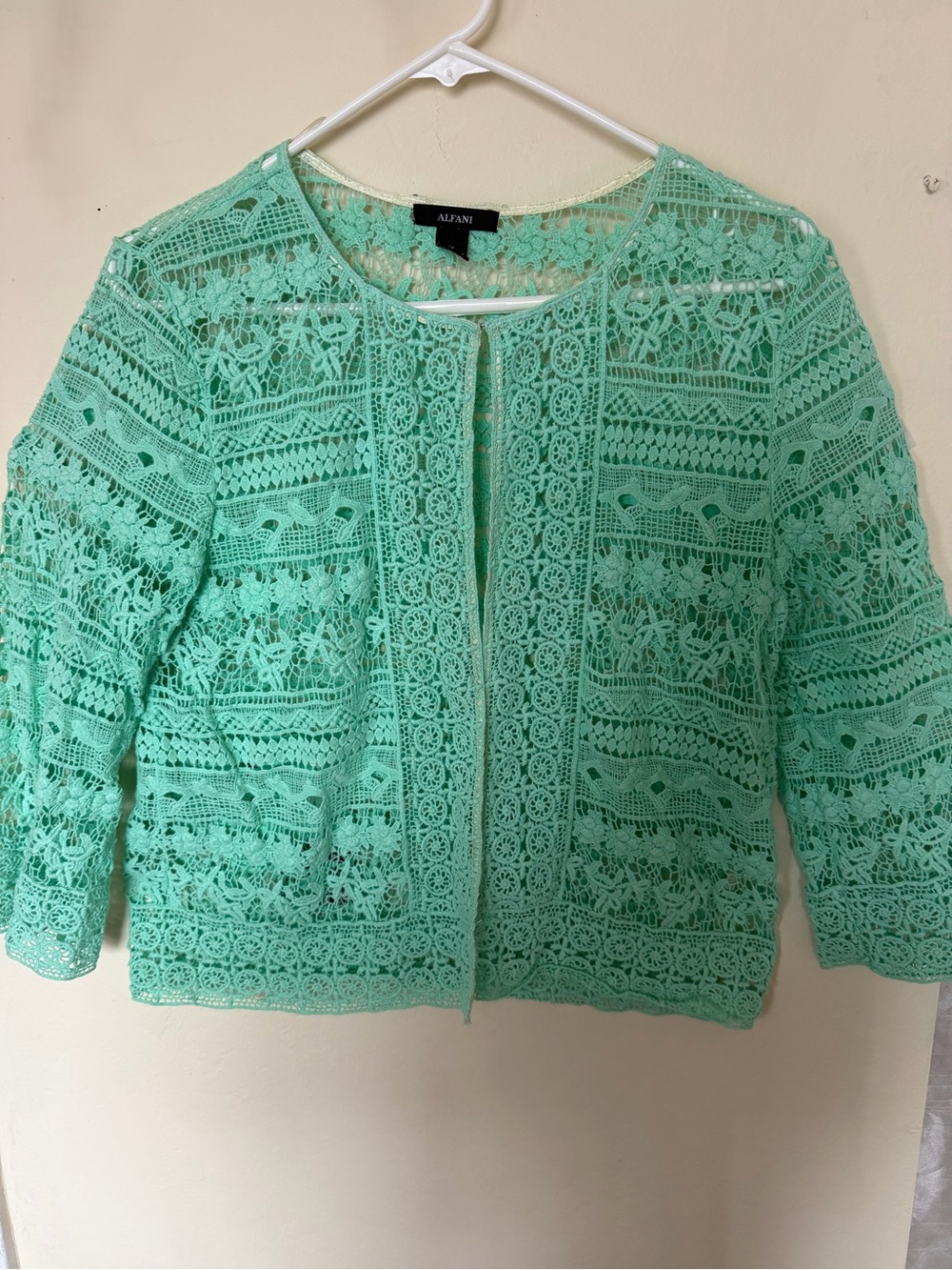 Vintage Style Alfani Mint Crochet Lace Open-Front Cardigan